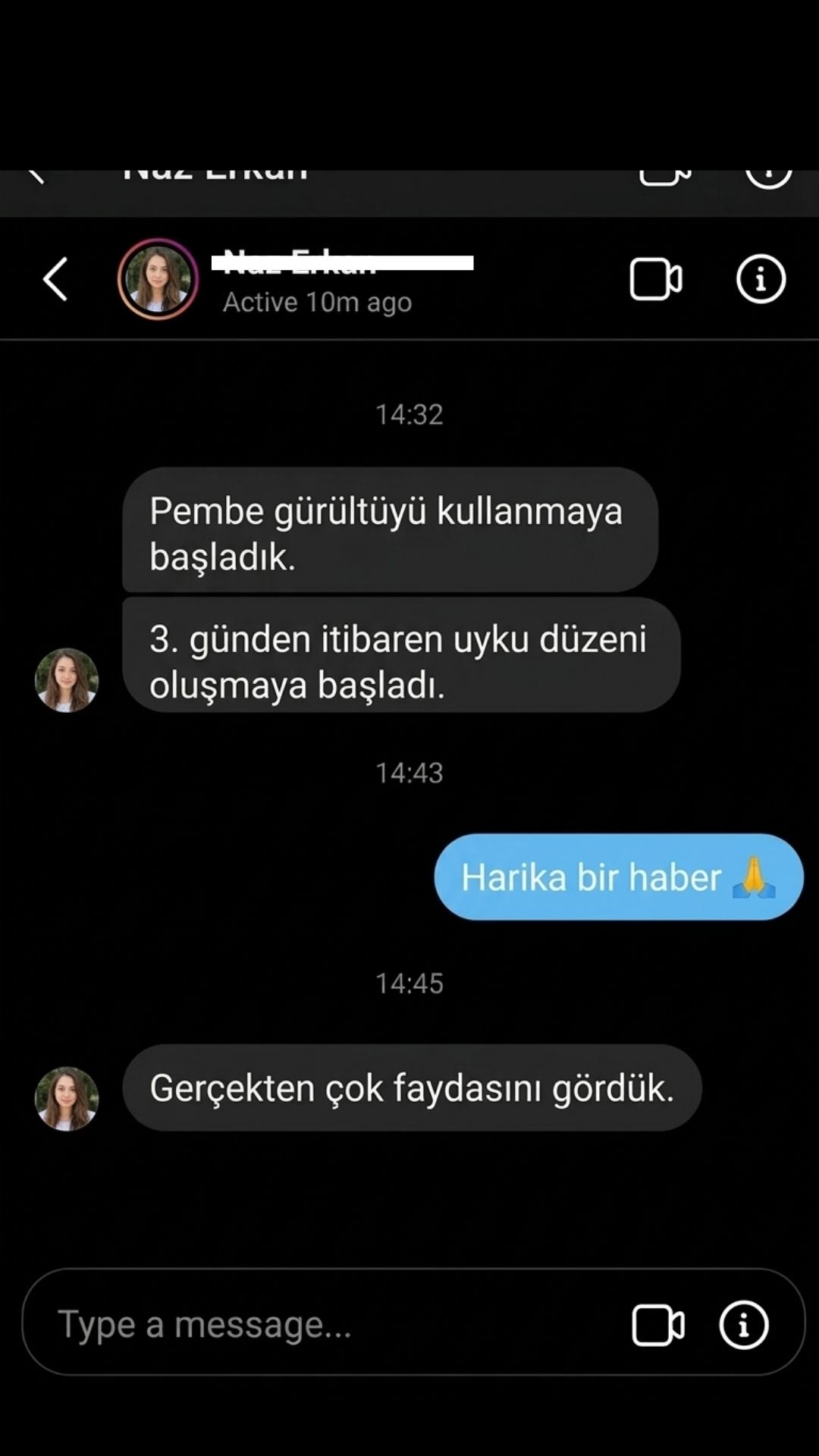Naz adlı kullanıcıdan gelen Instagram mesajı